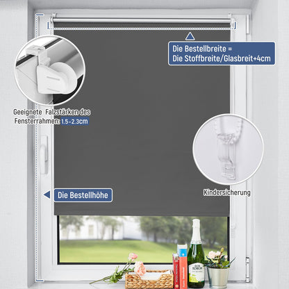 Blackout roller blind clamp fix roller without drilling dark grey W65 x H120cm - fabric width 60cm window darkening blinds sun protection window interior without drilling