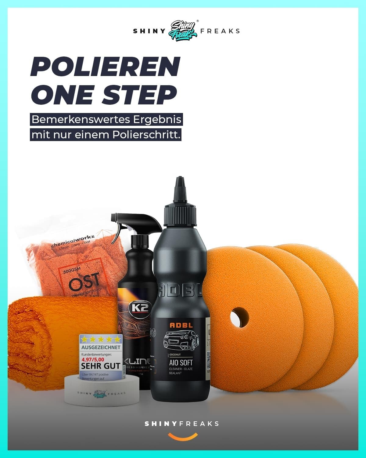 Polishing machine set: chemicalworkz DA9 Pro dual action polisher + ADBL One-Step polish + Royal Pads polishing pads + accessories - car paint polish, scratch removal, restoration | 8 pieces