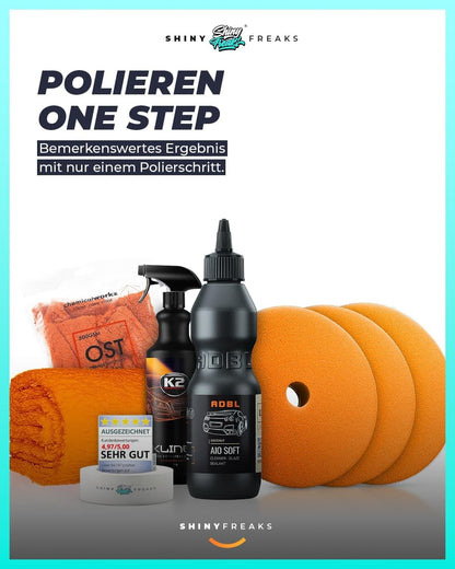 Polishing machine set: chemicalworkz DA9 Pro dual action polisher + ADBL One-Step polish + Royal Pads polishing pads + accessories - car paint polish, scratch removal, restoration | 8 pieces