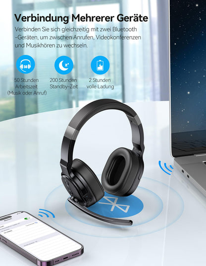 TECKNET Bluetooth headset with microphone, noise cancelling single and dual over-ear headset wireless with USB dongle, 3 EQ music modes, wireless PC headphones for office, home, Zoom, Microsoft Teams.