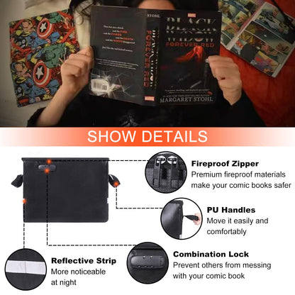 Fireproof comic book storage box 16" X 7.7" X 11.4", waterproof document bag mold and moisture resistant, foldable, lock and zipper, for 150-175 comics