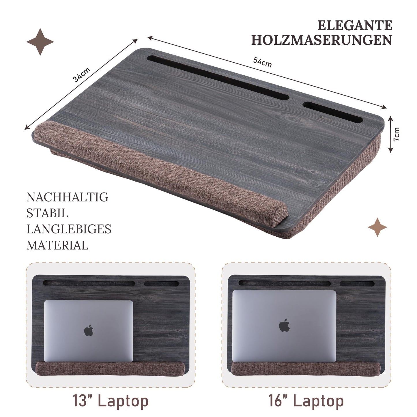 Vigo Wood Laptop Table - Laptop Tray Stand for up to 17.3 Inch - Cushioned Tray for Comfortable Work in Bed or on the Sofa - Sustainable Lap Desk for Home office, Study, and Relaxation.