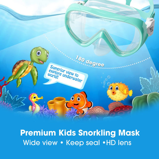 Children's snorkel mask with 180° panoramic view, anti-fog tempered glass, and silicone seal. Ideal for kids aged 4-16. Available in aqua color.