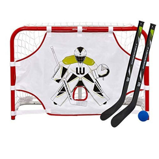 Winnwell Mini Hockey Set 31" - Metal Goal with Net, 2 Sticks, 1 Ball, 1 Target Board, Multicolor