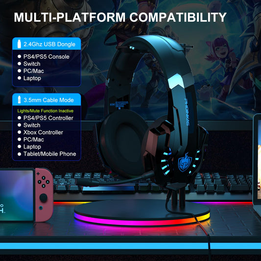 PHOINIKAS PS5 Wireless Headset, 2.4G Gaming Headphones for PC PS4 Switch Mac, Foldable Surround Sound Noise Cancelling Gamer Headset with microphone, Over 50 hours of battery life (Blue)