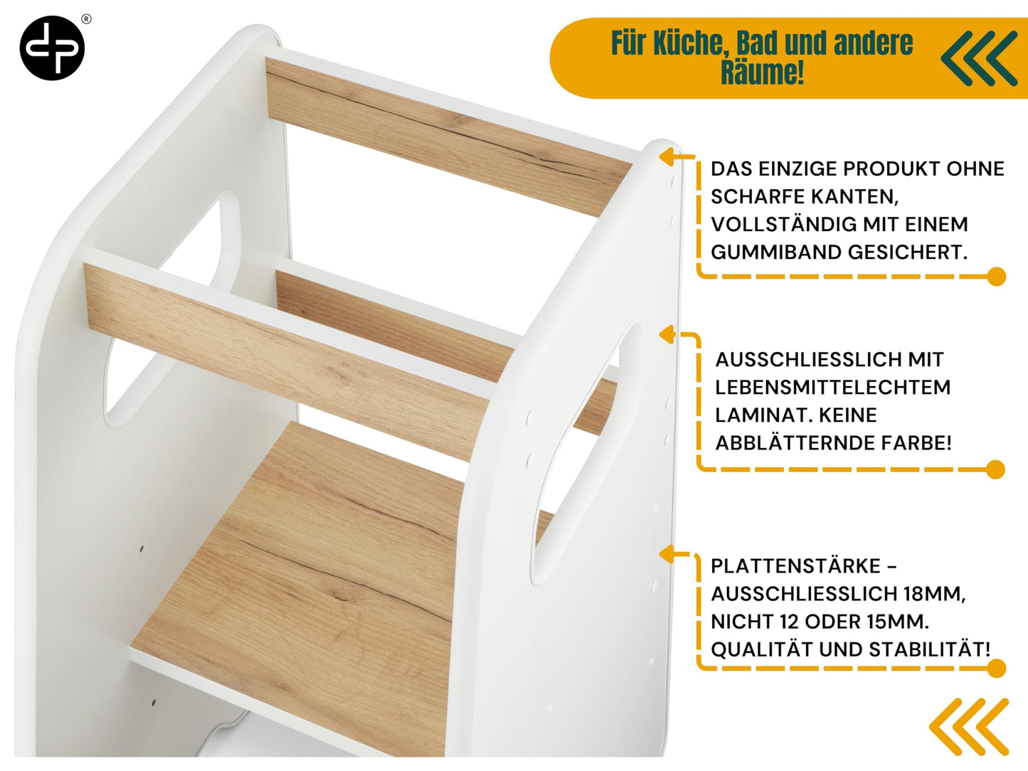 defiPad learning tower from 1 year - 3 levels adjustable in height, safe & stable - Learning Tower with tilt protection - Montessori learning tower for children - Made in the EU White - White & Oak