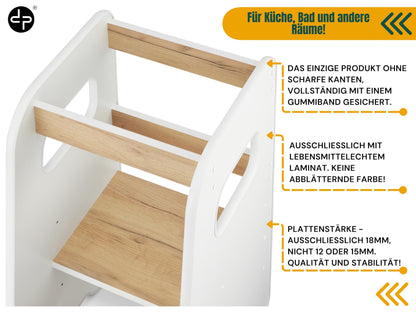 defiPad learning tower from 1 year - 3 levels adjustable in height, safe & stable - Learning Tower with tilt protection - Montessori learning tower for children - Made in the EU White - White & Oak