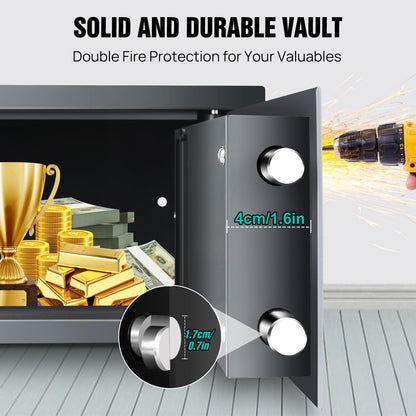 Safe fireproof waterproof safe with combination lock and 2 keys. Made of steel, wall safe for home, office, school, hotel. Dimensions 31x20x20cm, 8.5L capacity. Color: Gray.