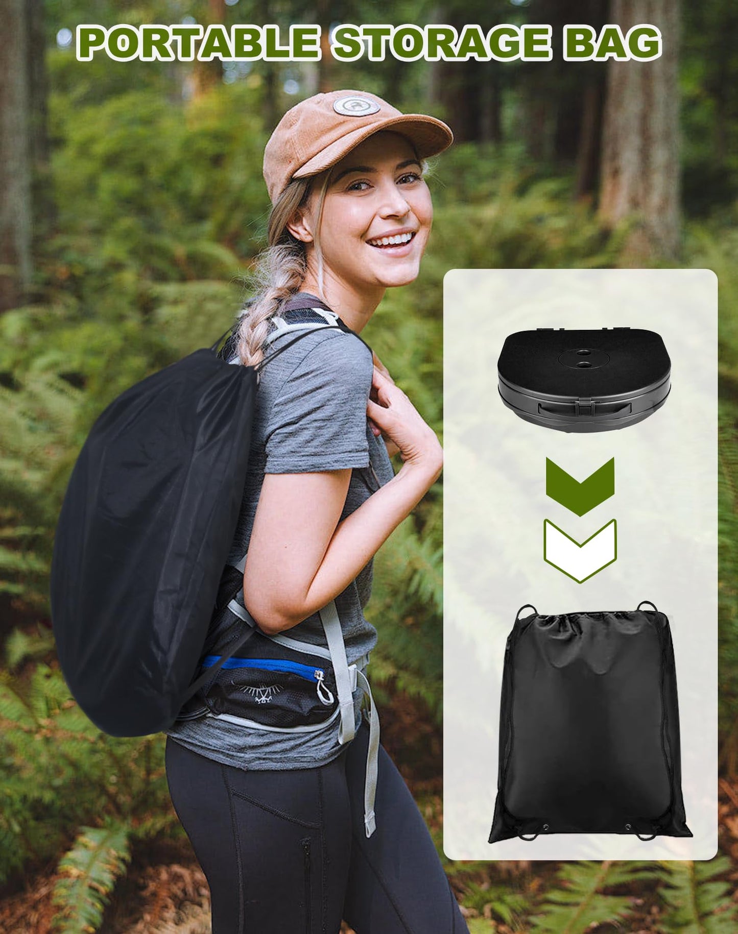 Folding camping toilet with toilet bag, portable toilet with lid, 34cm height, stable, max 400 lbs weight capacity, for outdoor camping, grilling, travel, fishing, beach, self-driving.