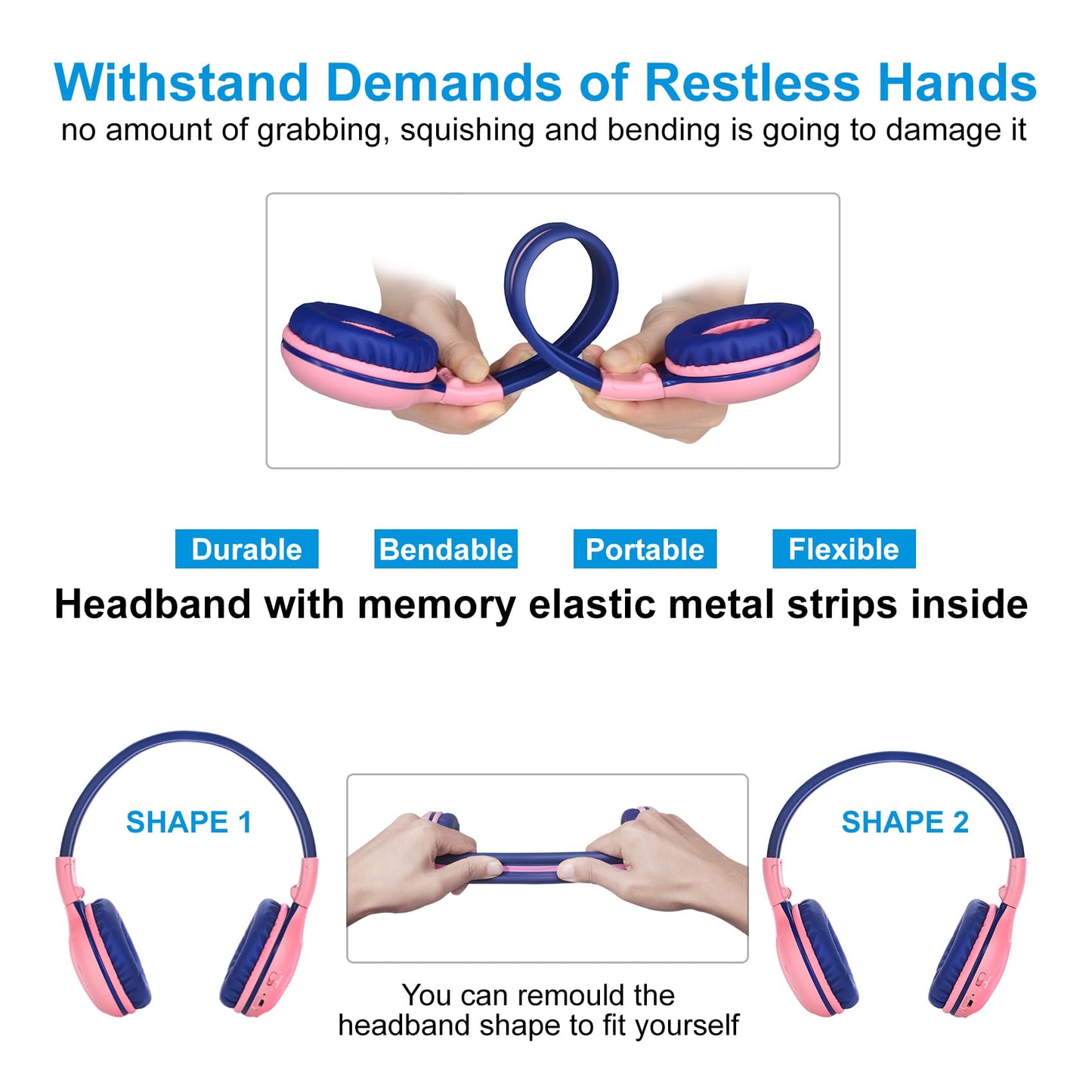 SIMOLIO 2 Pack Wireless Bluetooth Headphones for Kids with Hard Case and Share Port, Kid-friendly wireless headphones with Limited Volume, Over-Ear Wireless Headphones for Girls, Boys Mint+Pink