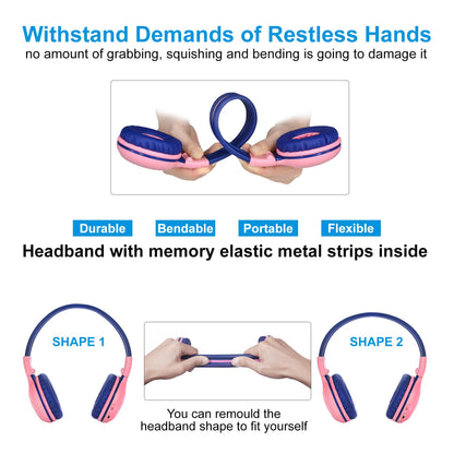 SIMOLIO 2 Pack Wireless Bluetooth Headphones for Kids with Hard Case and Share Port, Kid-friendly wireless headphones with Limited Volume, Over-Ear Wireless Headphones for Girls, Boys Mint+Pink