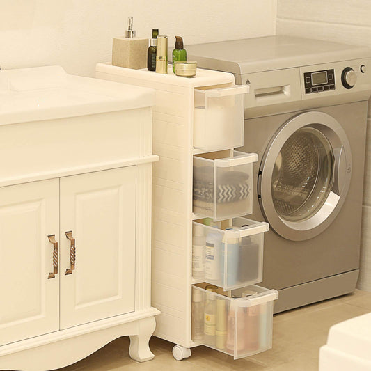 SONGMICS 4-Drawer Rolling Cart, Compact Shelf Unit, can be Used Separately as Kitchen, Bathroom, or Utility Cart. Standalone with Wheels, 84.5 cm High, White KFR05W