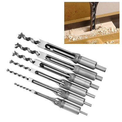 Square Hole Drill Bit Wood, 6 Pcs Square Hole Drill Bit Set Steel Woodworking Tools Spiral Drill Kits for Woodworking 6.35mm/8mm/9.5mm/12.7mm/14mm/16mm