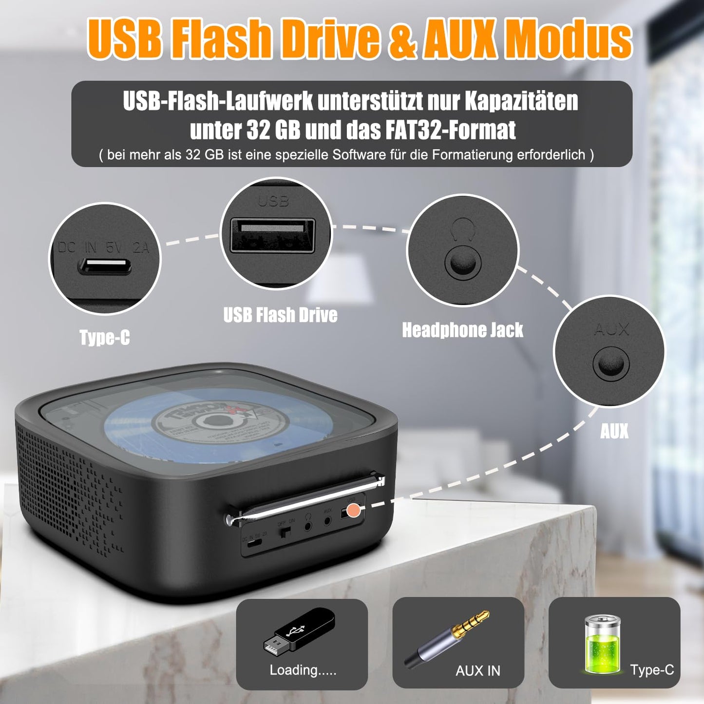 Portable CD player, CCHKFEI Boombox Portable CD player Bluetooth & FM radio with dual stereo speakers support USB/AUX headphone jack Discman Rechargeable CD player Portable.