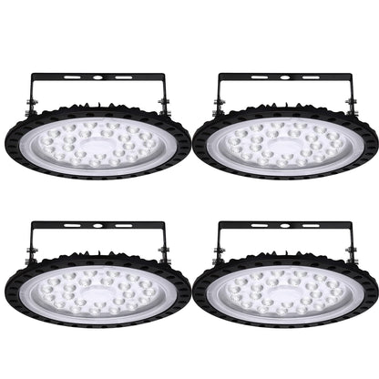 4 pieces LED UFO industrial lamp, 100W high bay light, 6500K cool white, IP67 waterproof for factory halls, stadiums, workshops.