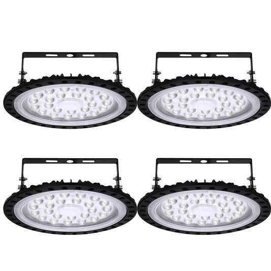 4 pieces LED UFO industrial lamp, 100W high bay light, 6500K cool white, IP67 waterproof for factory halls, stadiums, workshops.