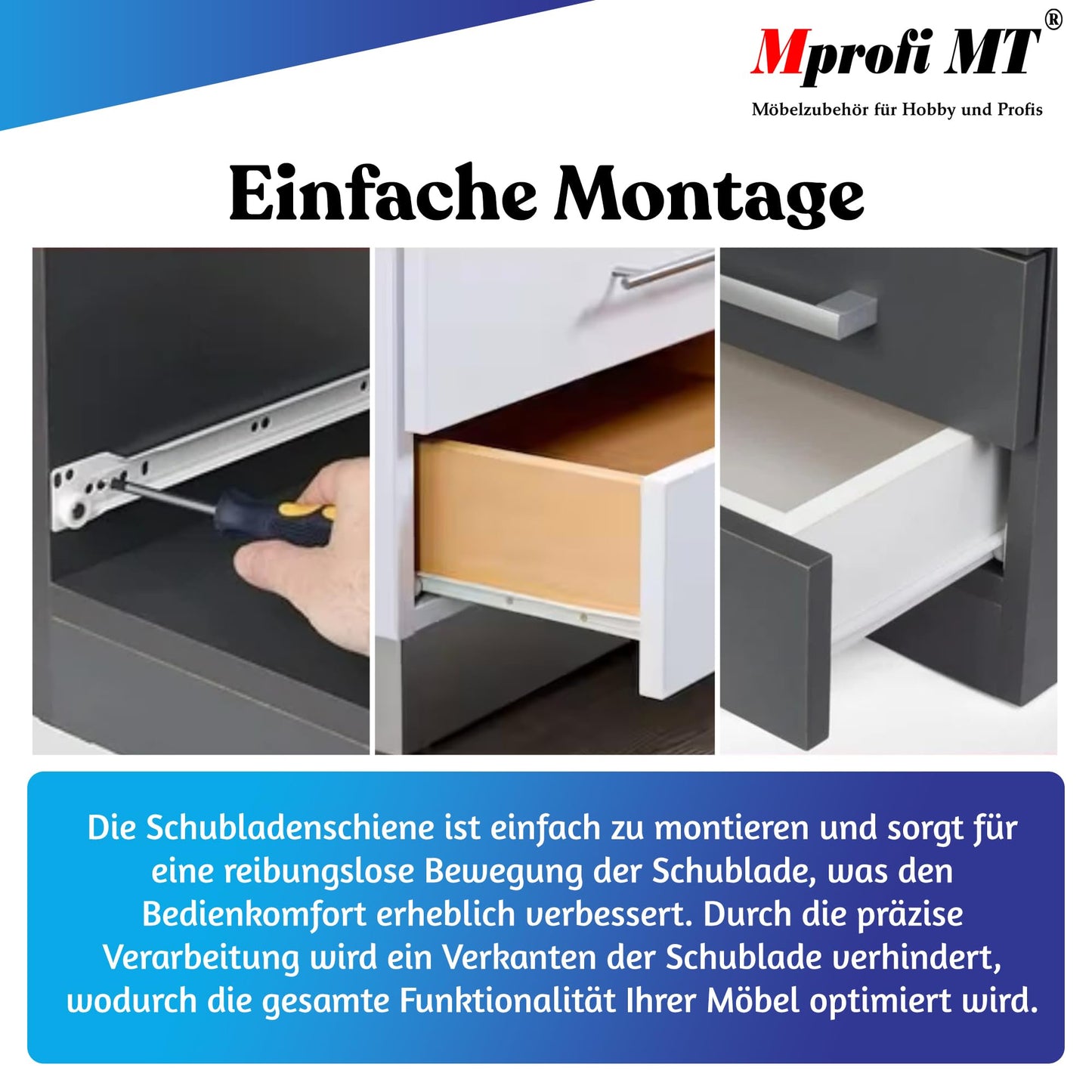 Mprofi MT® 20 pieces, 10 pairs | Drawer slides partial extension | 550mm length | Robust steel drawer slide | 30 kg load capacity | Easy installation for furniture & cabinets | White | VB550/10