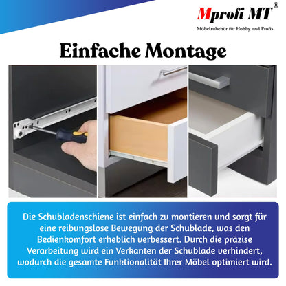 Mprofi MT® 20 pieces, 10 pairs | Drawer slides partial extension | 550mm length | Robust steel drawer slide | 30 kg load capacity | Easy installation for furniture & cabinets | White | VB550/10