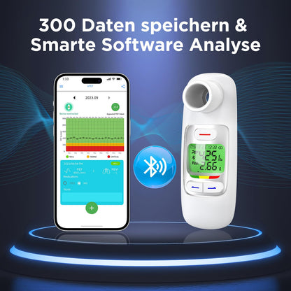 Peak Flow Meter 2.0 with Bluetooth, lung trainer for adults and children to monitor lung function, 300 historical data with time, for asthma COPD, PEF & FEV1, risk indicator, APP.