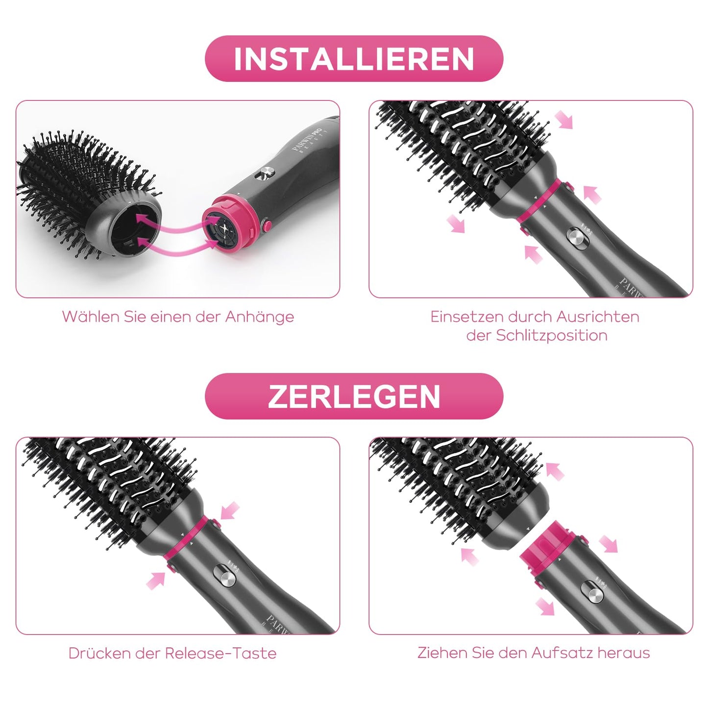 4 IN 1 Hair Dryer Hot Air Brush Set, PARWIN PRO BEAUTY Styler Set, Blow Dryer Brush with 4 Attachments for Drying, Smoothing, Volume, and Styling, Ion Care, 1000 Watt