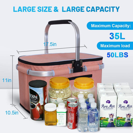 LIQINGG 35L waterproof cooler bag shopping basket large insulated cooler lunch bag thermal bag for office camping picnic travel side support stand upright collapsible (patent protection)