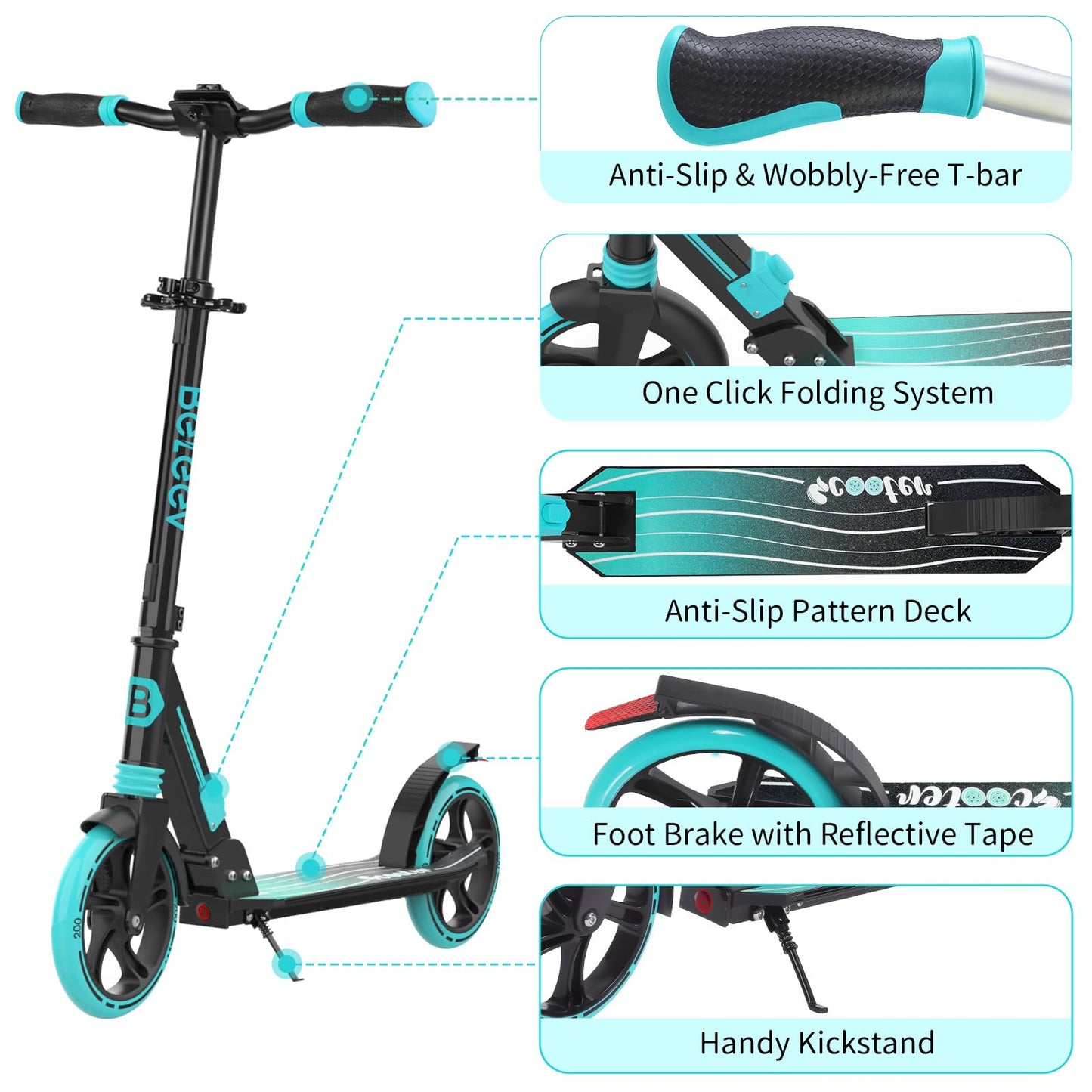 BELLEEV Big Wheel Scooter with LED Light-Up Handlebar, Deck, Adjustable Height, ABEC-9 bearings, 200mm wheels, Suspension, Carry Strap, Foldable Kick Scooter for Kids 6+, Teens, Adults.