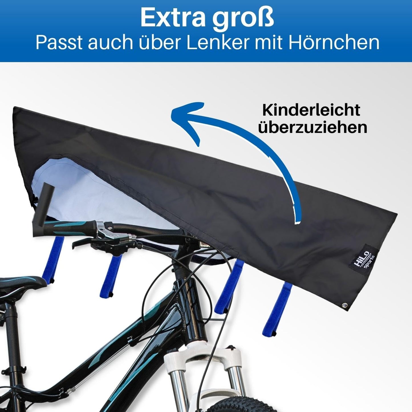 HiLo sports handlebar cover for E-Bike waterproof - [For all bike handlebars] - Also fits large handlebars with horns - Tear-resistant bike transport protection - Bicycle protection rear carrier (Blue)