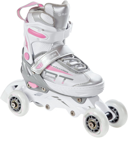 RAVEN Profession 3in1 Inline Skates Triskates Roller Skates Inline Skates for Kids and Adults adjustable (White/Pink, 28-32 (18.5cm-21cm))