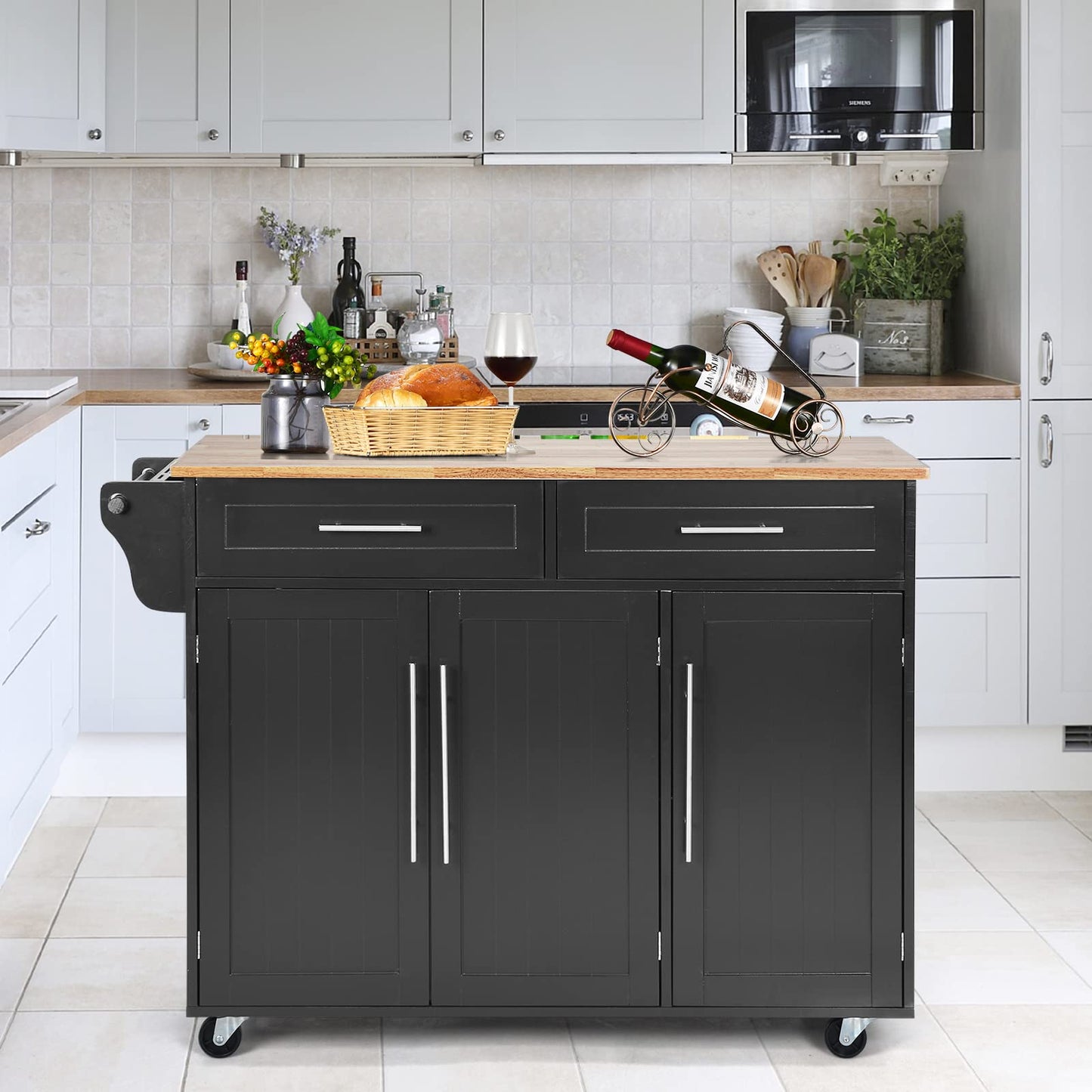 COSTWAY Kitchen Cart on Wheels, Kitchen Serving Trolley with Drawers, Kitchen Island Cart Buffet Cabinet Wood, Kitchen Cabinet with Countertop (Black)