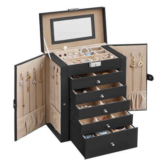 SONGMICS Jewelry Box 6-Tier, Jewelry Case with 5 Drawers, ample storage, interior mirror, lockable, jewelry storage, gift for your loved ones, for watches, black JBC152B01