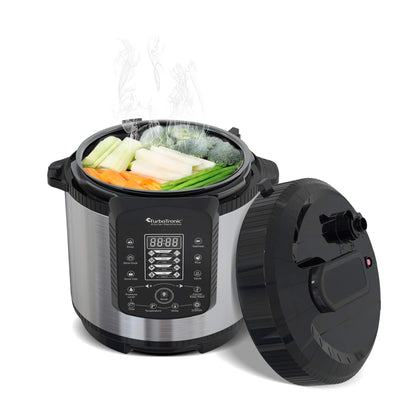 TurboTronic Pressure Cooker 6L with 2x stainless steel and coated pot, steamer, multi cooker, electric pressure cooker, steam cooker Silver