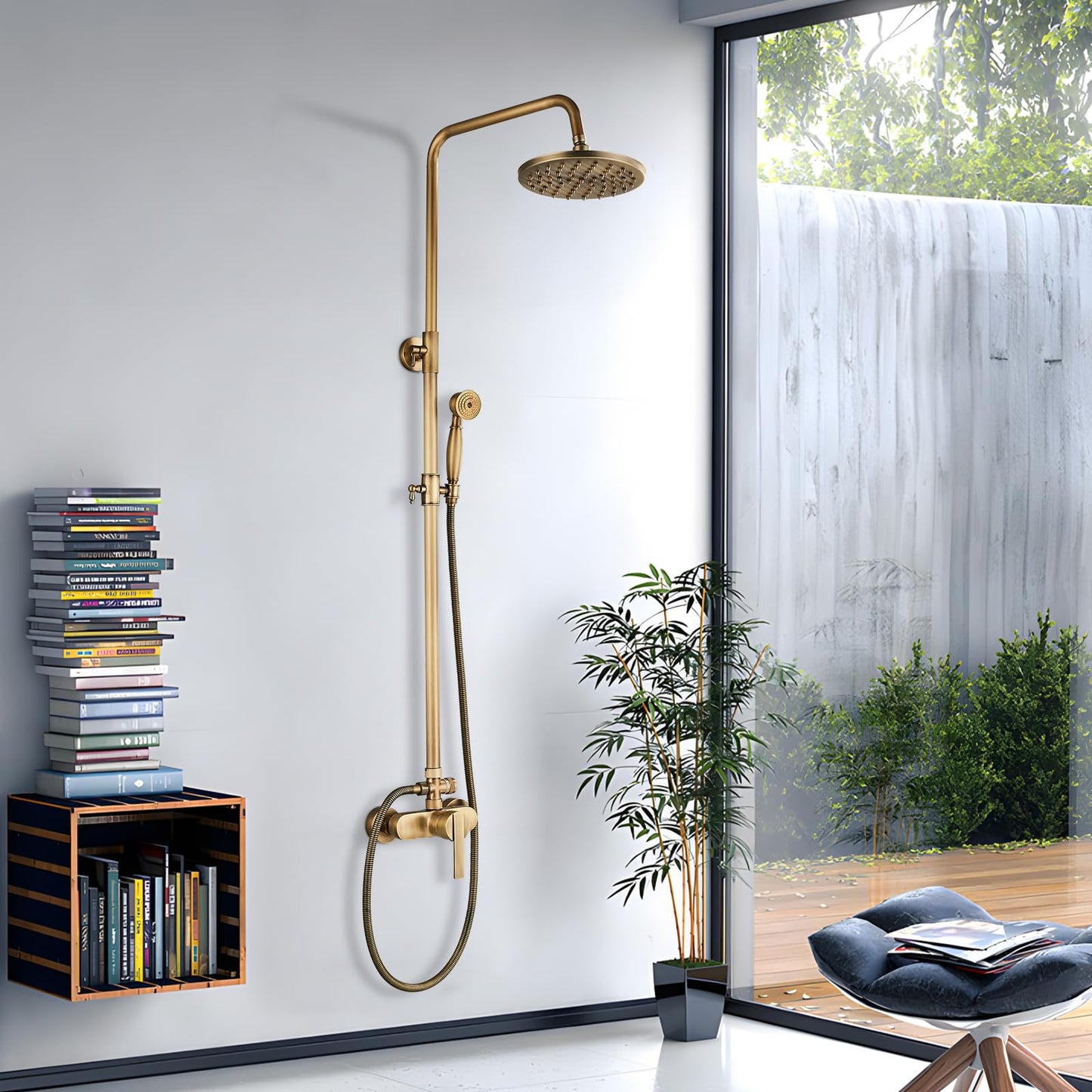 Rozin Antique Brass Shower System with 8 inch Rain Shower Head and Hand Shower Single Handle Wall Mounted Retro Shower Set.