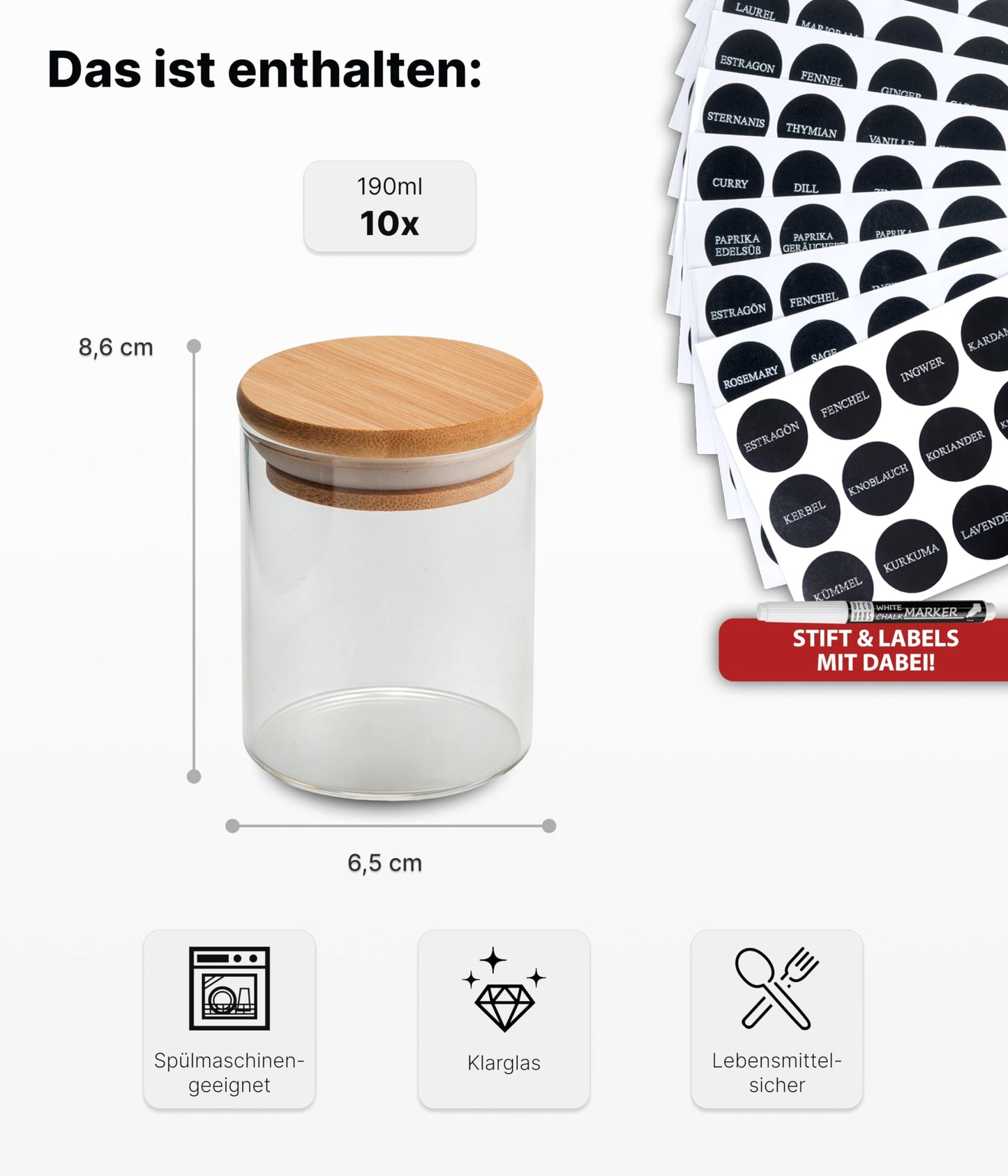 Deco house® Spice Jars Set of 10 with Wooden Lids [+ Labels] - Round Airtight Glass Spice Jars - Spice Containers - Spice Storage Jars Set - Containers for Spices - Spice Storage