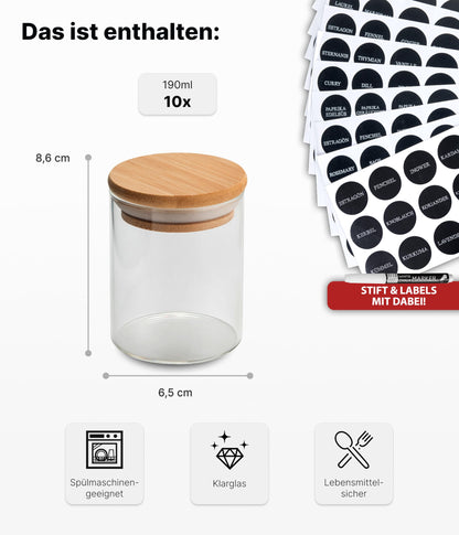 Deco house® Spice Jars Set of 10 with Wooden Lids [+ Labels] - Round Airtight Glass Spice Jars - Spice Containers - Spice Storage Jars Set - Containers for Spices - Spice Storage