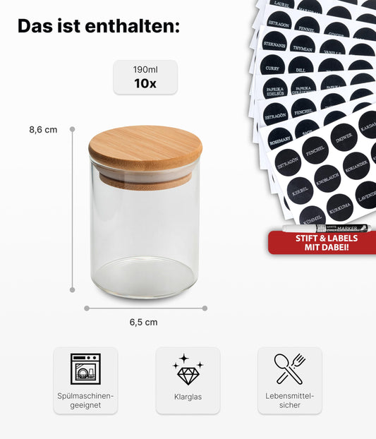Deco house® Spice Jars Set of 10 with Wooden Lids [+ Labels] - Round Airtight Glass Spice Jars - Spice Containers - Spice Storage Jars Set - Containers for Spices - Spice Storage