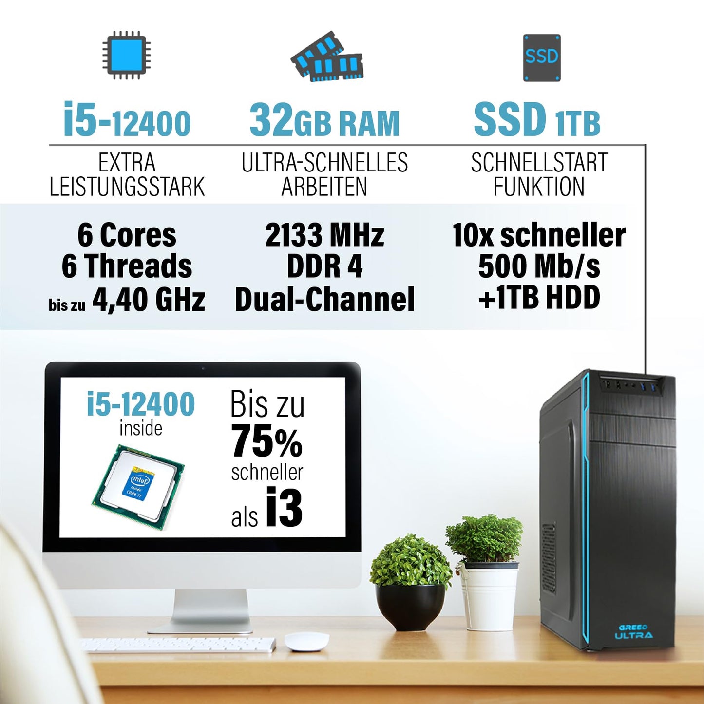 GREED® Ultra PC with Intel Core 12th Gen - Fast desktop computer for office & home office with 4.4 GHz, 32GB RAM - 1TB SSD + 1TB HDD - DVD+RW - USB3.0 - WLAN, including Windows 11 Pro.