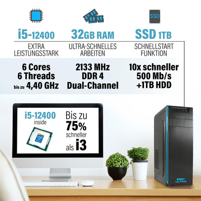 GREED® Ultra PC with Intel Core 12th Gen - Fast desktop computer for office & home office with 4.4 GHz, 32GB RAM - 1TB SSD + 1TB HDD - DVD+RW - USB3.0 - WLAN, including Windows 11 Pro.