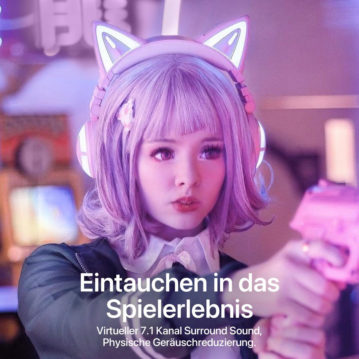 YOWU RGB Cat Ear Headphone 3S Wireless 5.0 Foldable Gaming Headset with built-in microphone & customizable lighting and effects through app, Type-C charging audio cable, for PC Laptop Mac Smartphone (Pink)