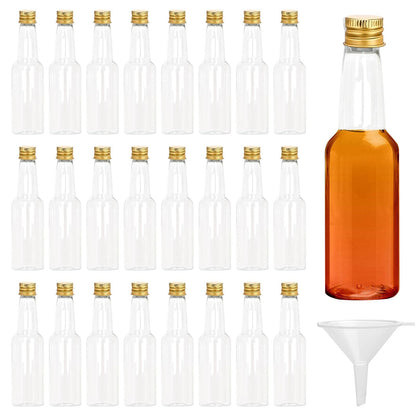 24 mini bottles, 100ml plastic bottles, empty small liquor bottles with funnel, miniature bottles with cap, alcohol bottles sauce bottles for weddings parties (gold cap)