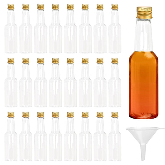 24 mini bottles, 100ml plastic bottles, empty small liquor bottles with funnel, miniature bottles with cap, alcohol bottles sauce bottles for weddings parties (gold cap)