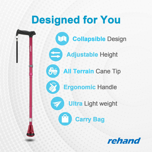 All-terrain walking cane for seniors & adults, swivel tip and heavy-duty mobility aid, collapsible cane for men & women (Red)