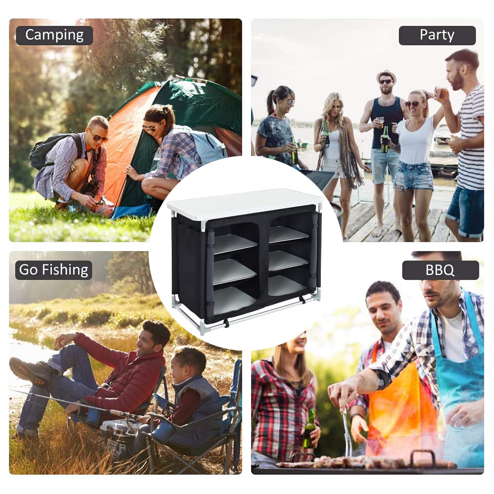 Warmiehomy Camping Kitchen Cabinet Foldable, Portable Camping Cabinet with Aluminum Frame & 1 Double Compartment, Mobile Outdoor Camping Kitchen Table for Picnic, Travel, Beach, Black, 100×50×80 cm