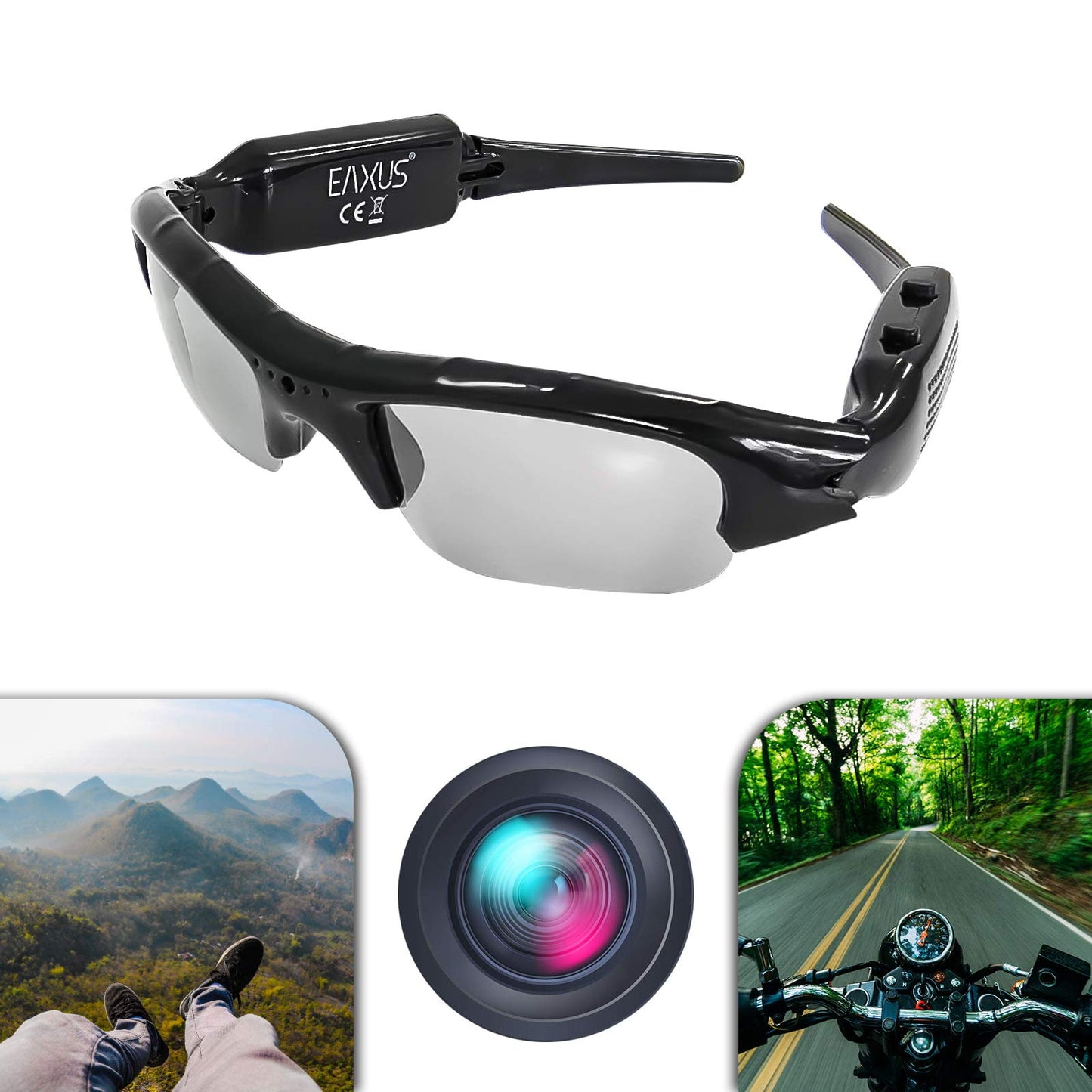 Eaxus® Action Video Glasses/Spy Glasses/Camera Glasses. Action camera with sunglasses - mini camera and microphone. Hidden video camera, camcorder VGA surveillance camera.