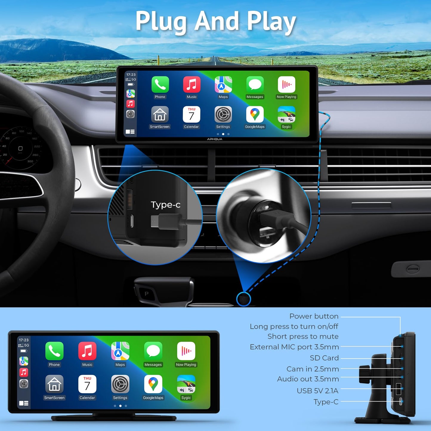 APHQUA Wireless CarPlay Display for Apple CarPlay and Android Auto, 9.3-inch portable light-sensitive touchscreen, digital media receiver with GPS navigation, Siri, MirrorLink/Siri/FM