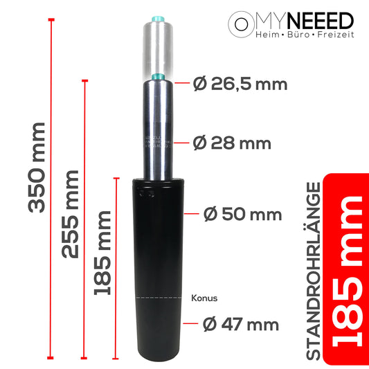 MYNEEED Office Chair Gas Spring - Gas Pressure Spring Load Capacity up to 200 kg - Gas Pressure Damper for Swivel Chair, Executive Chair, Stool, Desk Chair - Gas Spring Column Office Chair, Standpipe Length: 185 mm Black