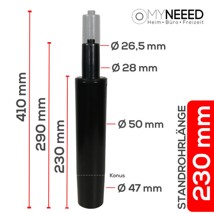 MYNEED gas spring for office chair - Gas spring load capacity up to 200 kg - Gas damper for swivel chair, executive chair, stool, desk chair - Gas spring column office chair, standpipe length: 230 mm Black