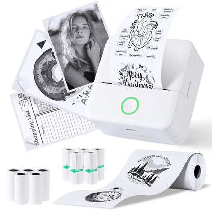 PRAOAHEI Mini Printer, Portable Photo Printer with 10 rolls of printing paper, Bluetooth label printer, thermal printer for notes, photos, journals, DIY, compatible with iOS and Android (White)