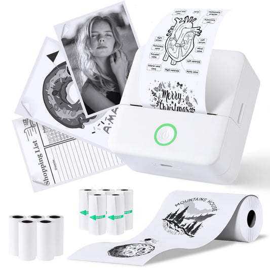 PRAOAHEI Mini Printer, Portable Photo Printer with 10 rolls of printing paper, Bluetooth label printer, thermal printer for notes, photos, journals, DIY, compatible with iOS and Android (White)