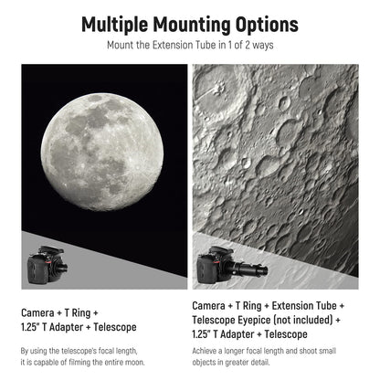 NEEWER Variable 1.25" Telescope Camera Adapter and 1.25" Extension Tube Set, compatible with Nikon DSLR cameras and telescope eyepiece for prime focus and eyepiece projection astrophotography.