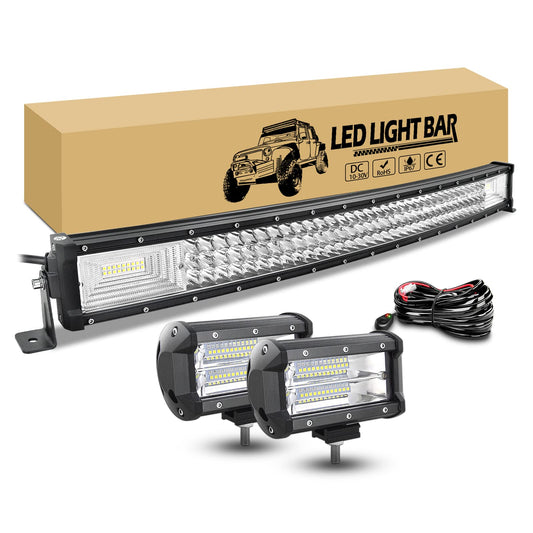RIGIDON 32-inch 81cm 405W curved LED work light bar with 12V wiring harness kit, 2 x 13cm 72W LED floodlights Offroad lighting, LED light bar for car truck tractor 4x4 vehicles.